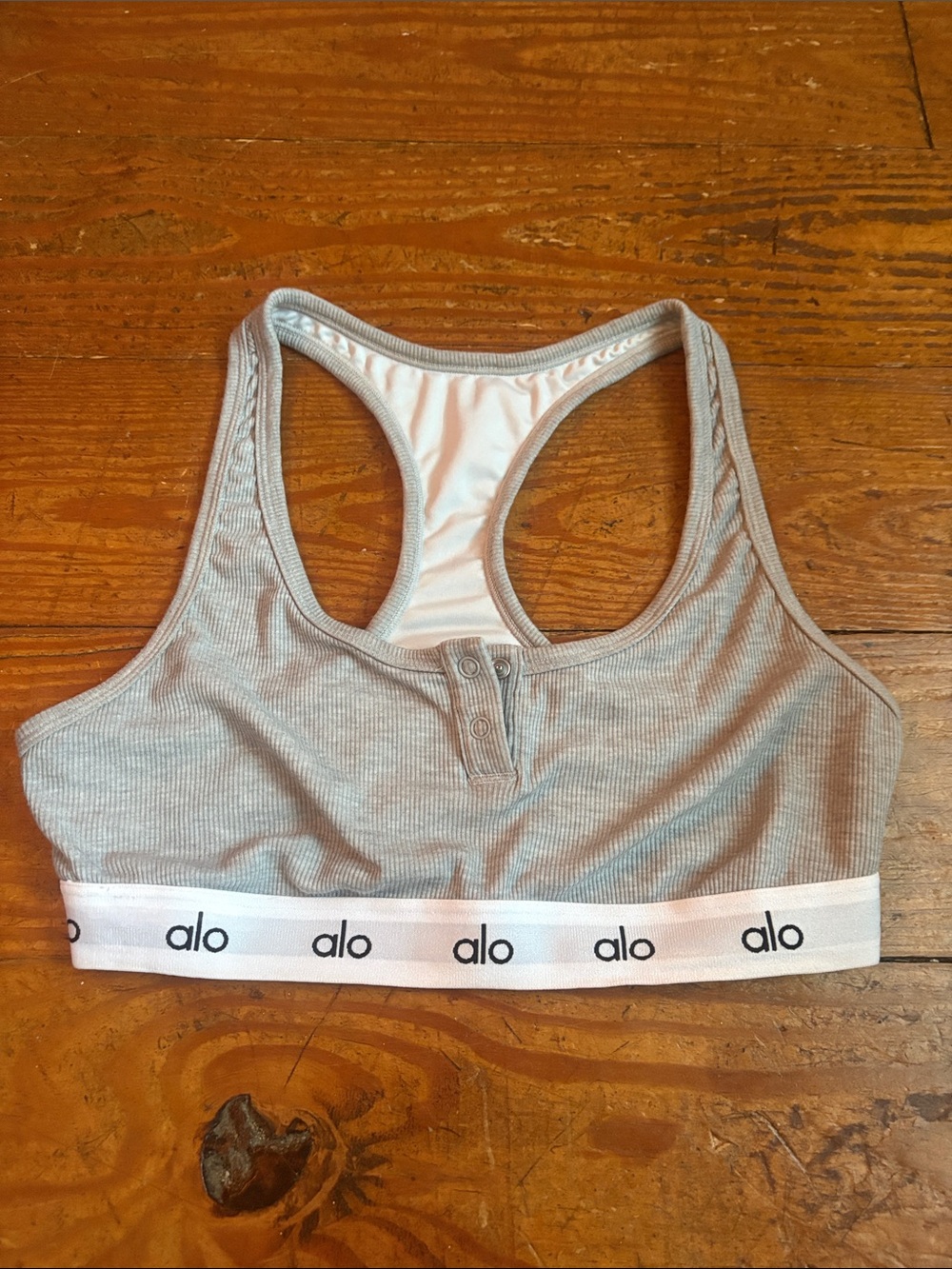 ALO Yoga Light Gray Ribbed Racerback Sports Bralette with Logo Band